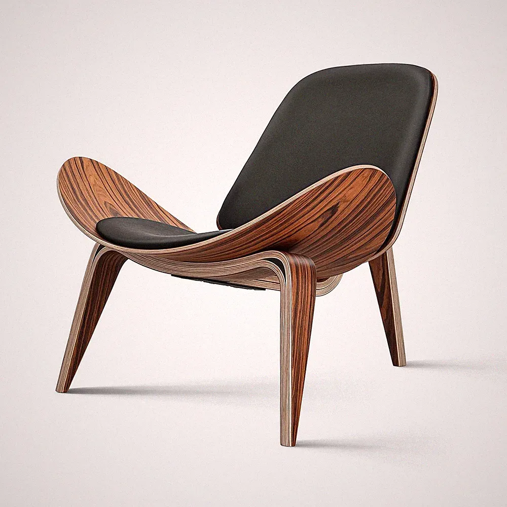 Mid Century Modern Shell Lounge Chair, PU Leather, Tripod Plywood Classic Design